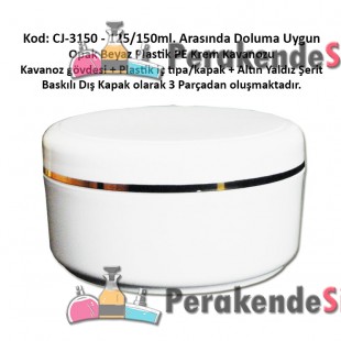 Beyaz Renk Plastik Krem Kavanozu + Altın Yaldız Baskılı kapak 125/150 ml Kod: CJ-3150